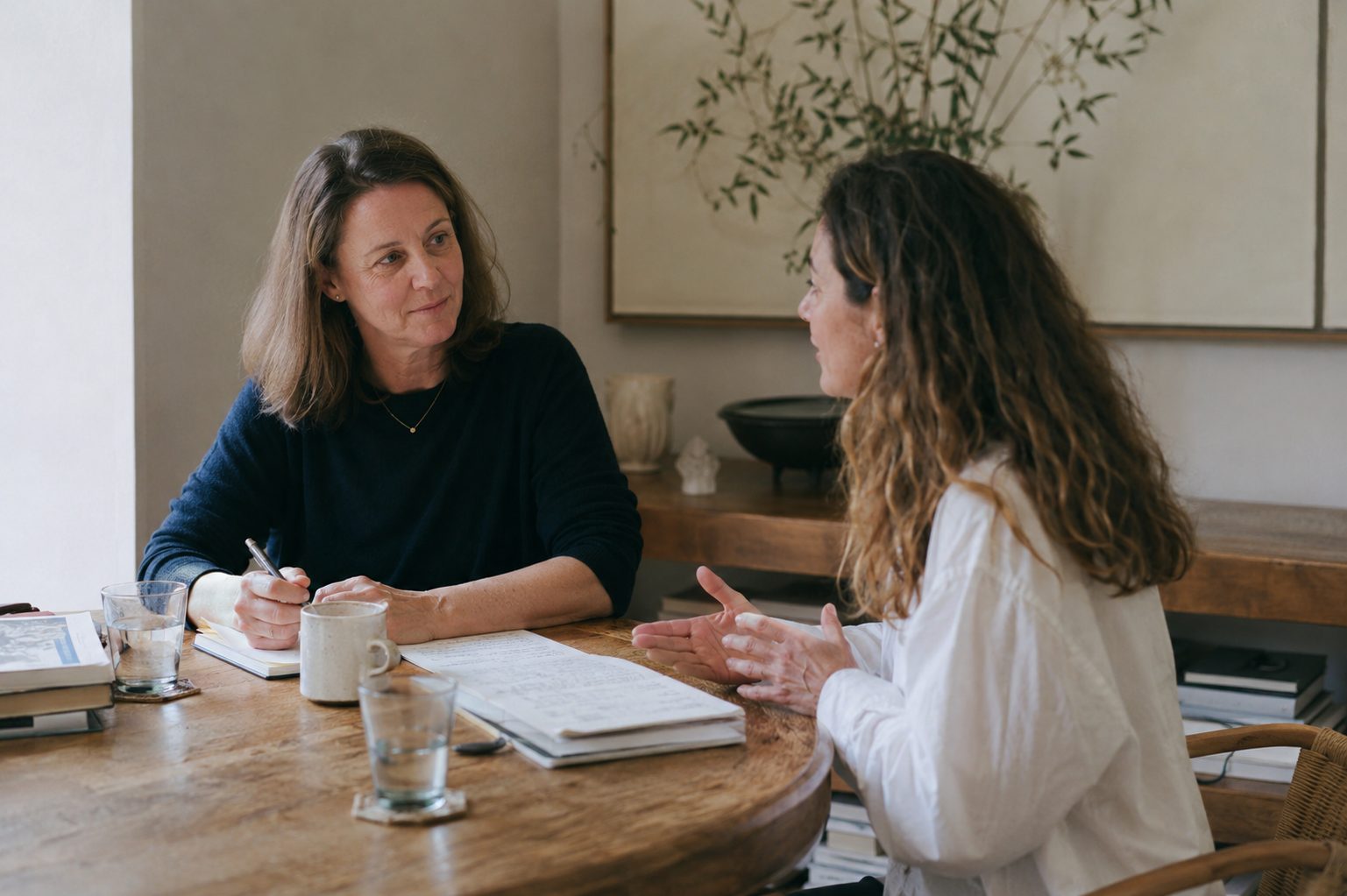 Two women in conversation at a timber table